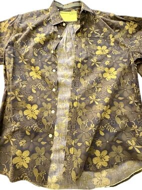 Men's Floral Button-Down Shirt in Olive Yellow and Brown